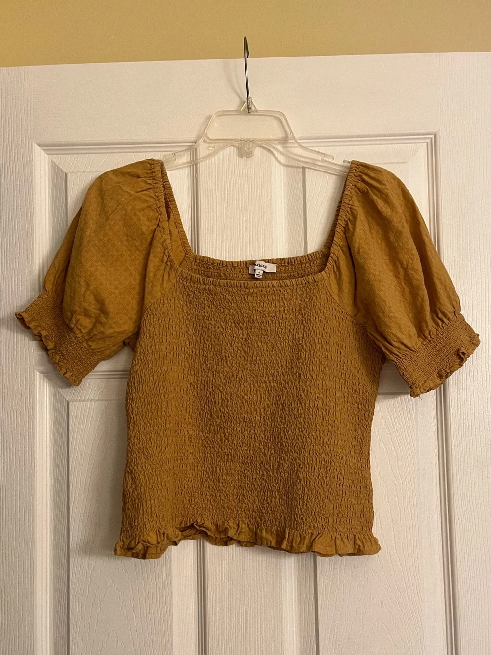 Madewell Lucie Mustard Smocked Square-Neck Puff Sleeve Top